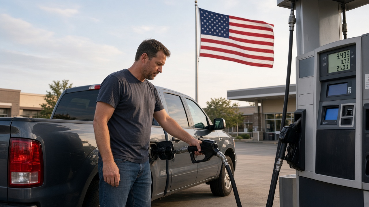 A man fills gasoline at an American gas station with the U.S. flag behind him