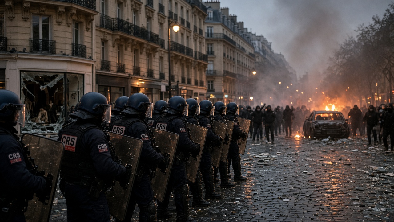 Illustration: a line of French riot police with shields faces masked rioters on a smoke-filled Paris boulevard, a burning car behind them